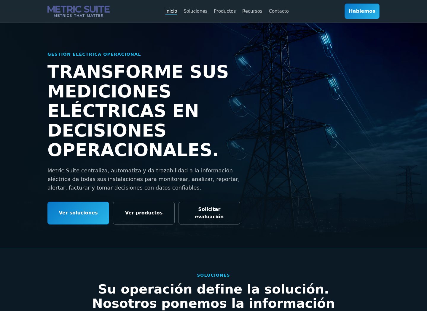 Vista del sitio de MetricSuite, con soluciones de medición y diagnóstico para contextos operacionales.