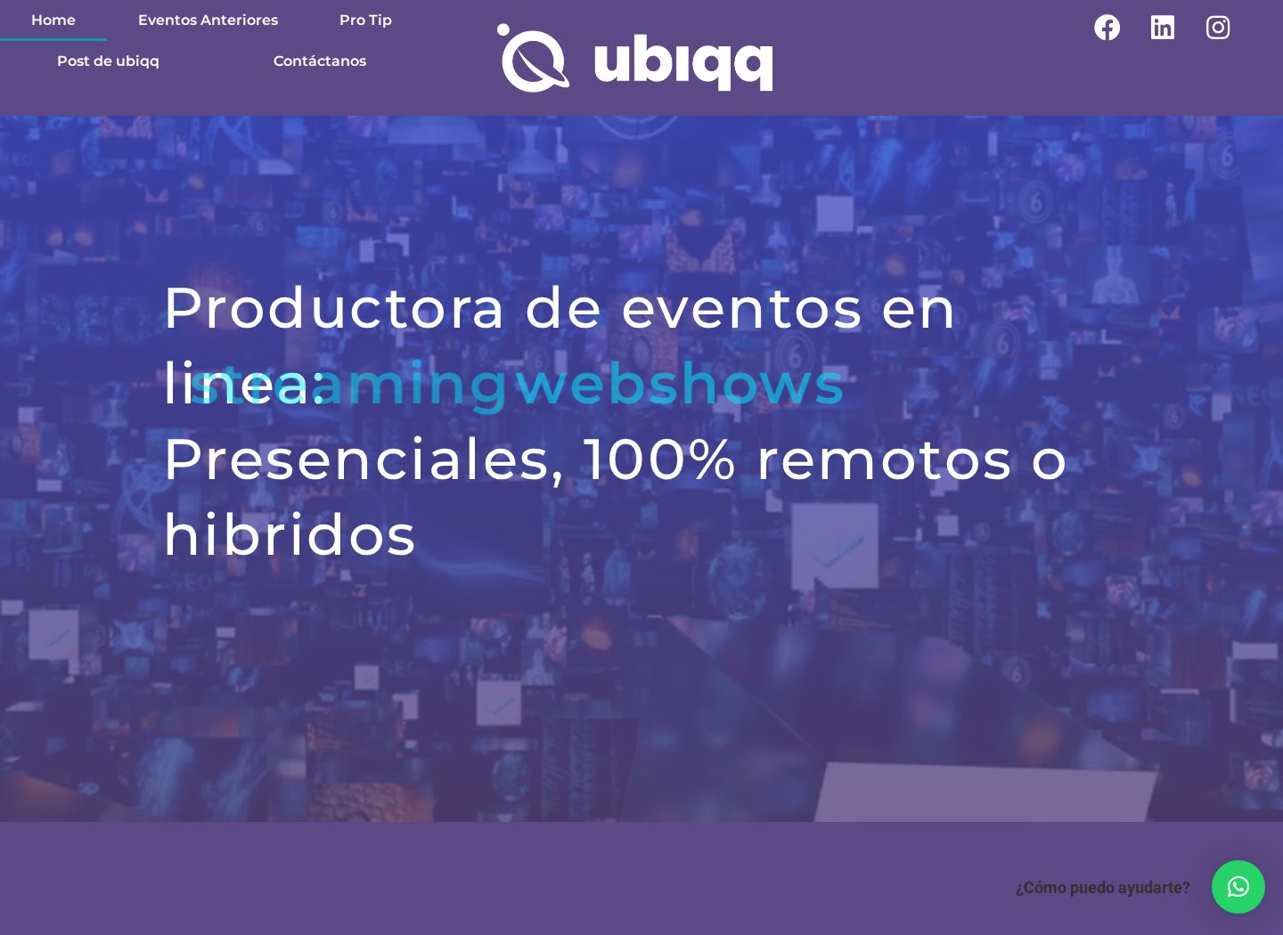 Vista del sitio de Ubiqq, con sus soluciones de streaming, webinars y tecnología para eventos.
